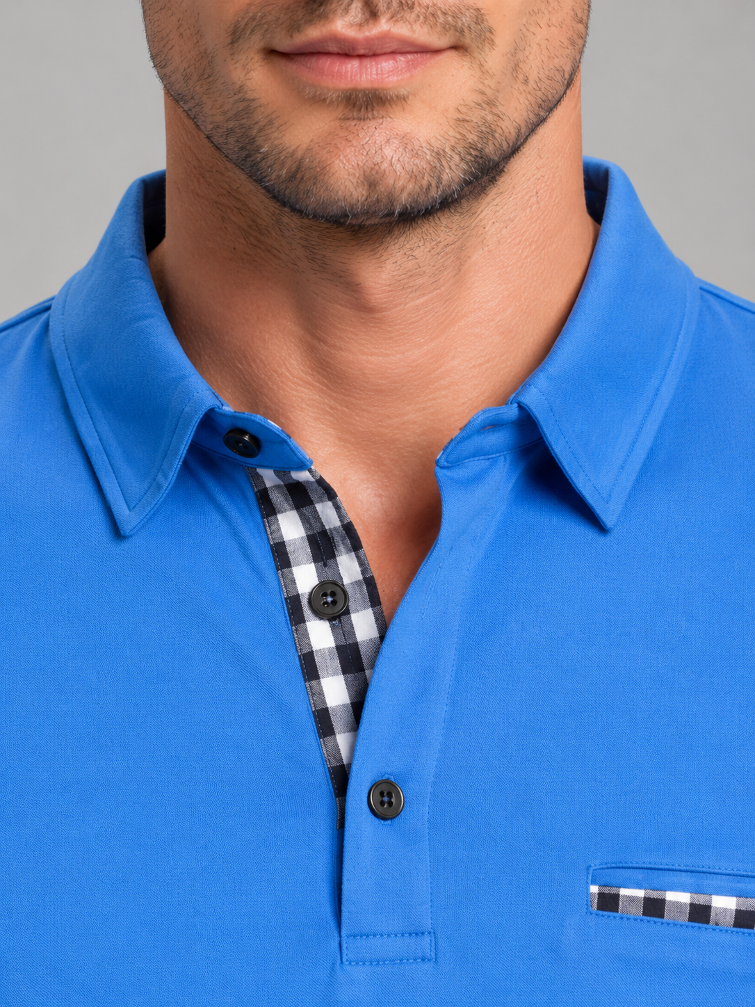 Kacob | Men's Gingham Trim Long Sleeve Polo Shirt