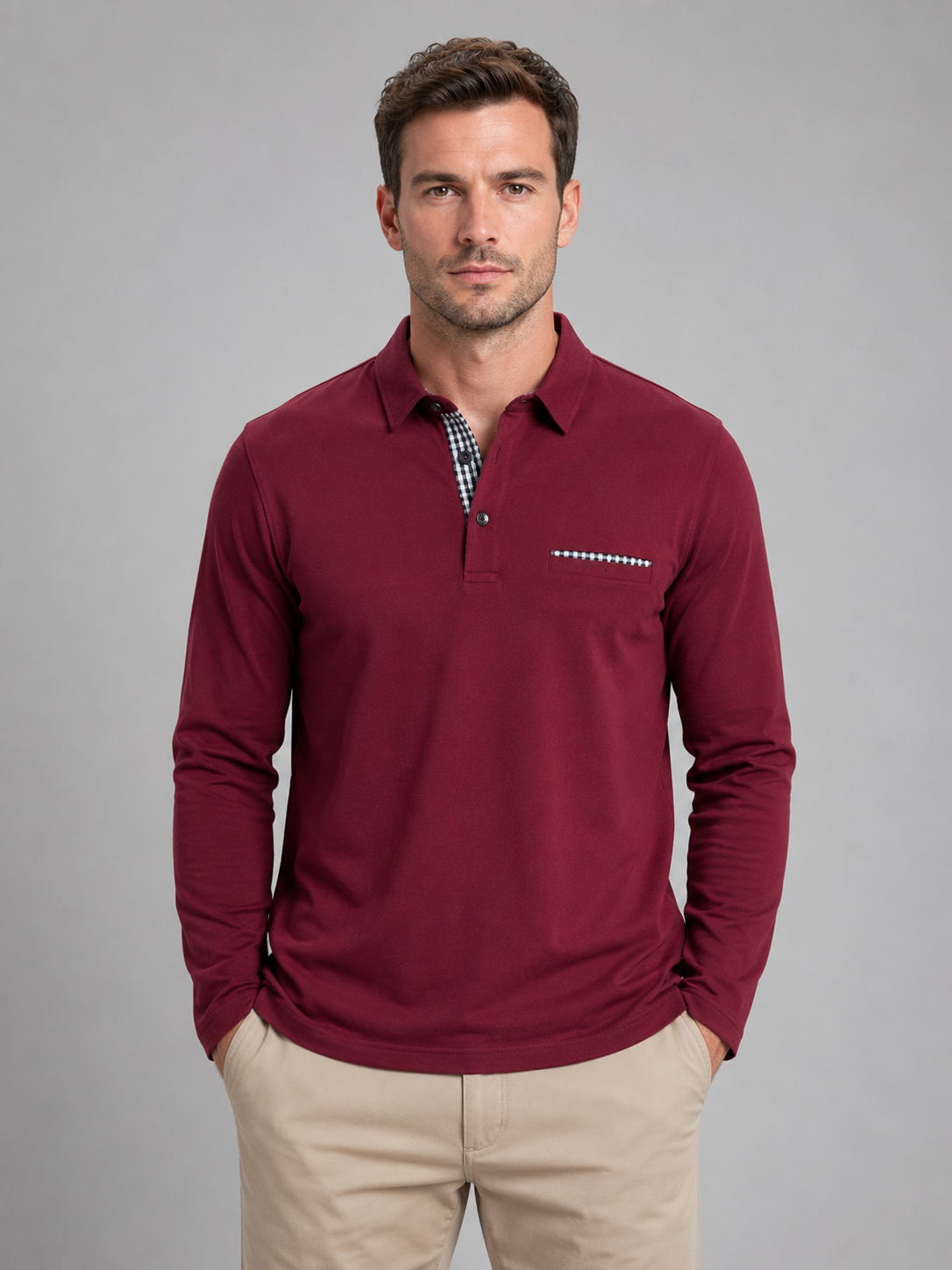 Kacob | Men's Gingham Trim Long Sleeve Polo Shirt