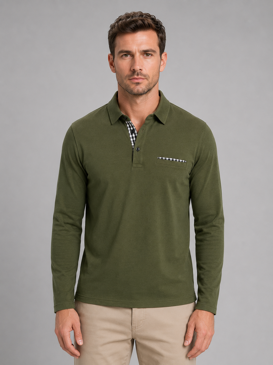 Kacob | Men's Gingham Trim Long Sleeve Polo Shirt
