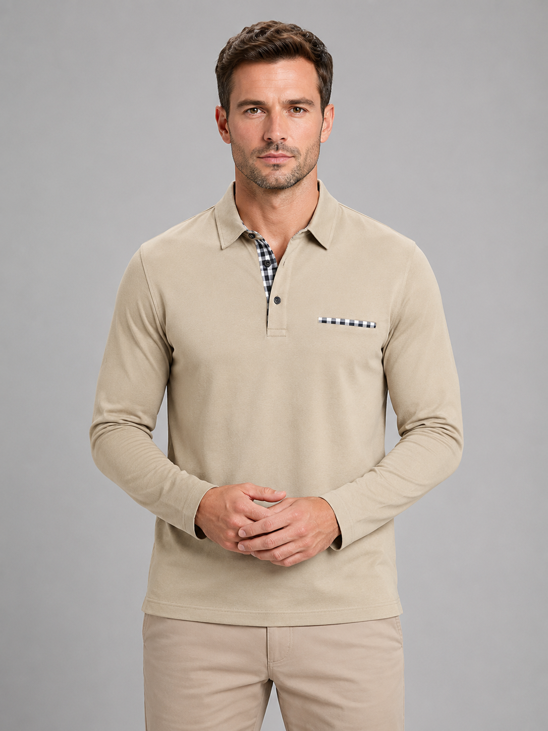Kacob | Men's Gingham Trim Long Sleeve Polo Shirt