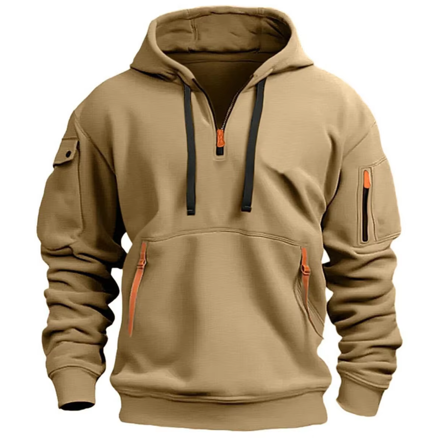 Men's Half-Zip Hoodie with Zip Pockets and Sleeve Pocket