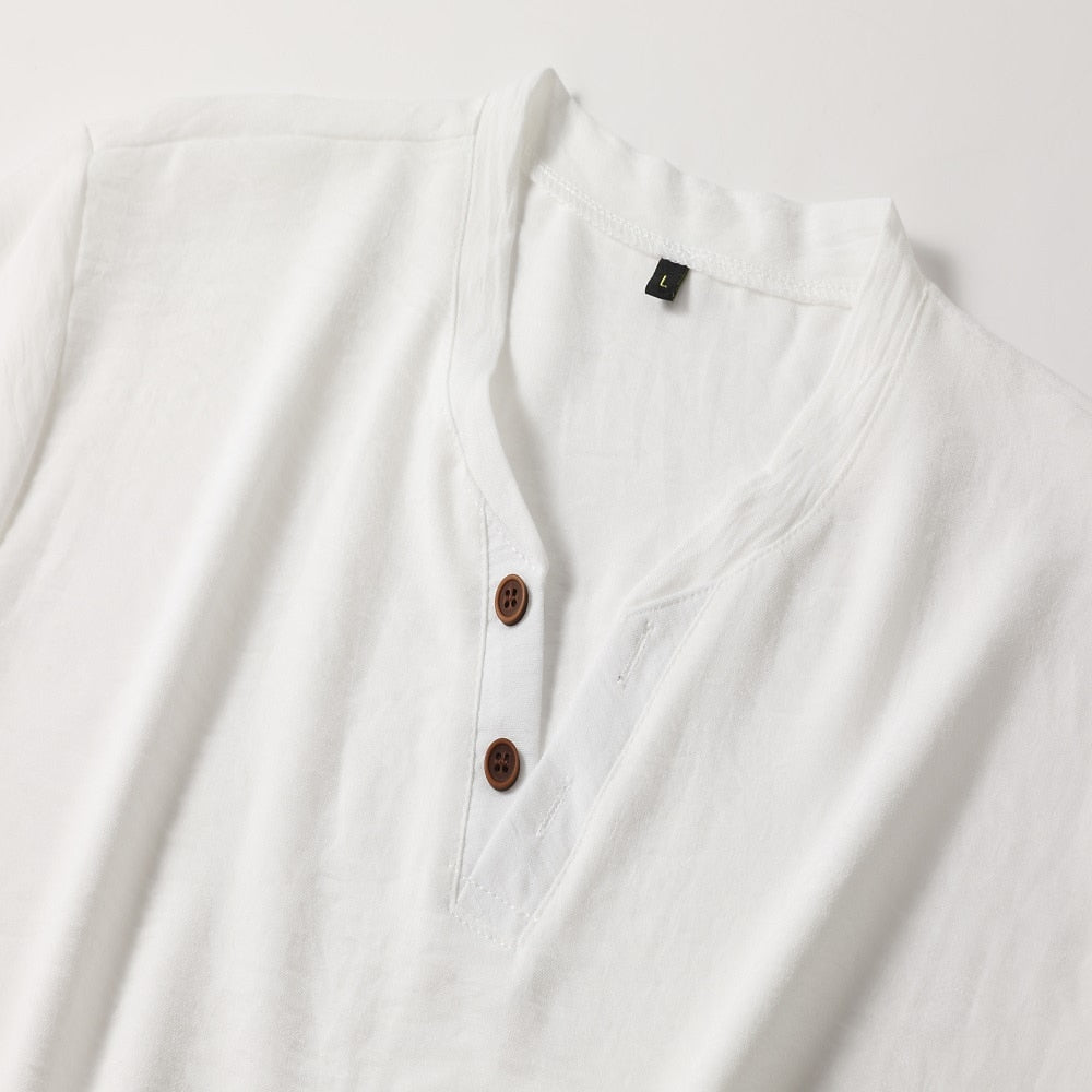 Men's Henley Button Placket V-Neck T-Shirt
