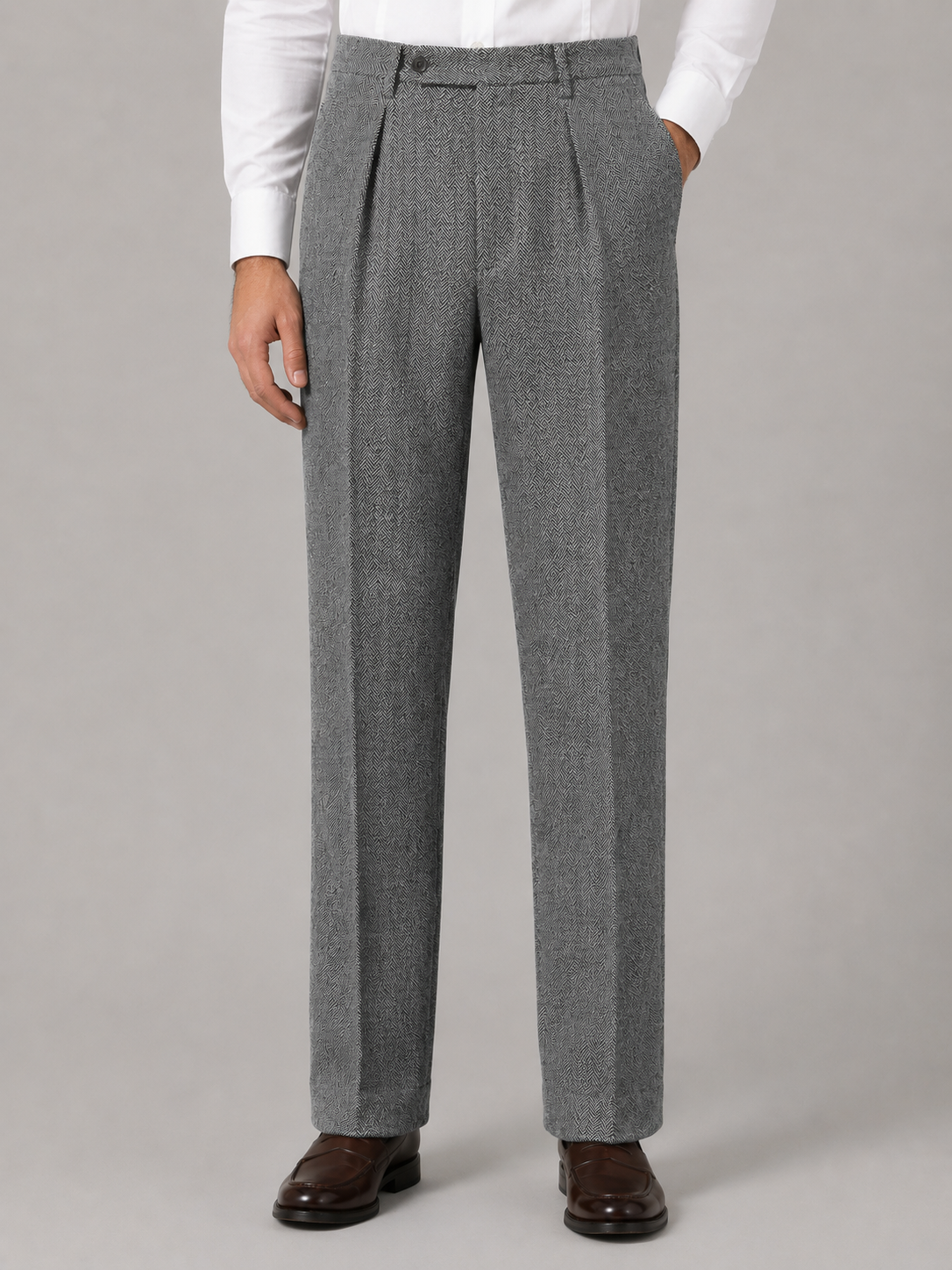 Kacob | Men's Herringbone Pleated Straight Leg Trousers