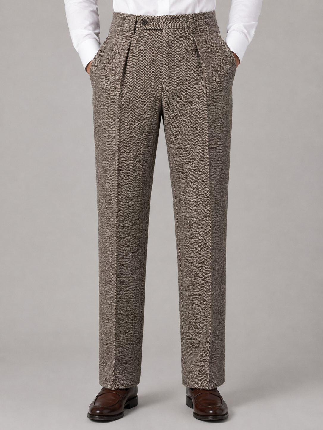 Kacob | Men's Herringbone Pleated Straight Leg Trousers
