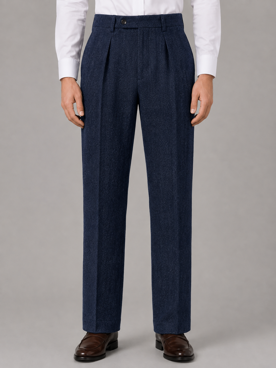 Kacob | Men's Herringbone Pleated Straight Leg Trousers