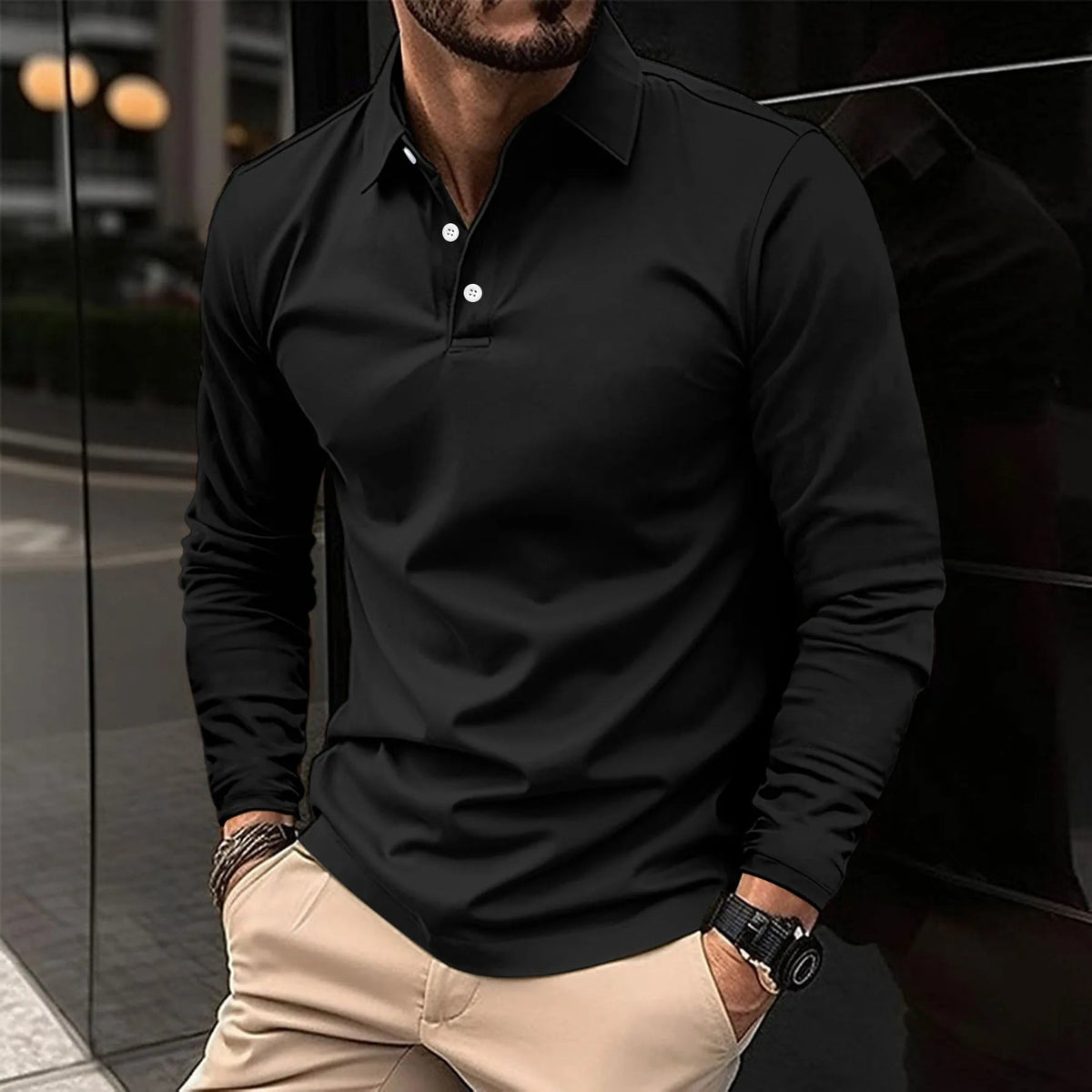 Men's Long Sleeve Classic Collar Polo Shirt