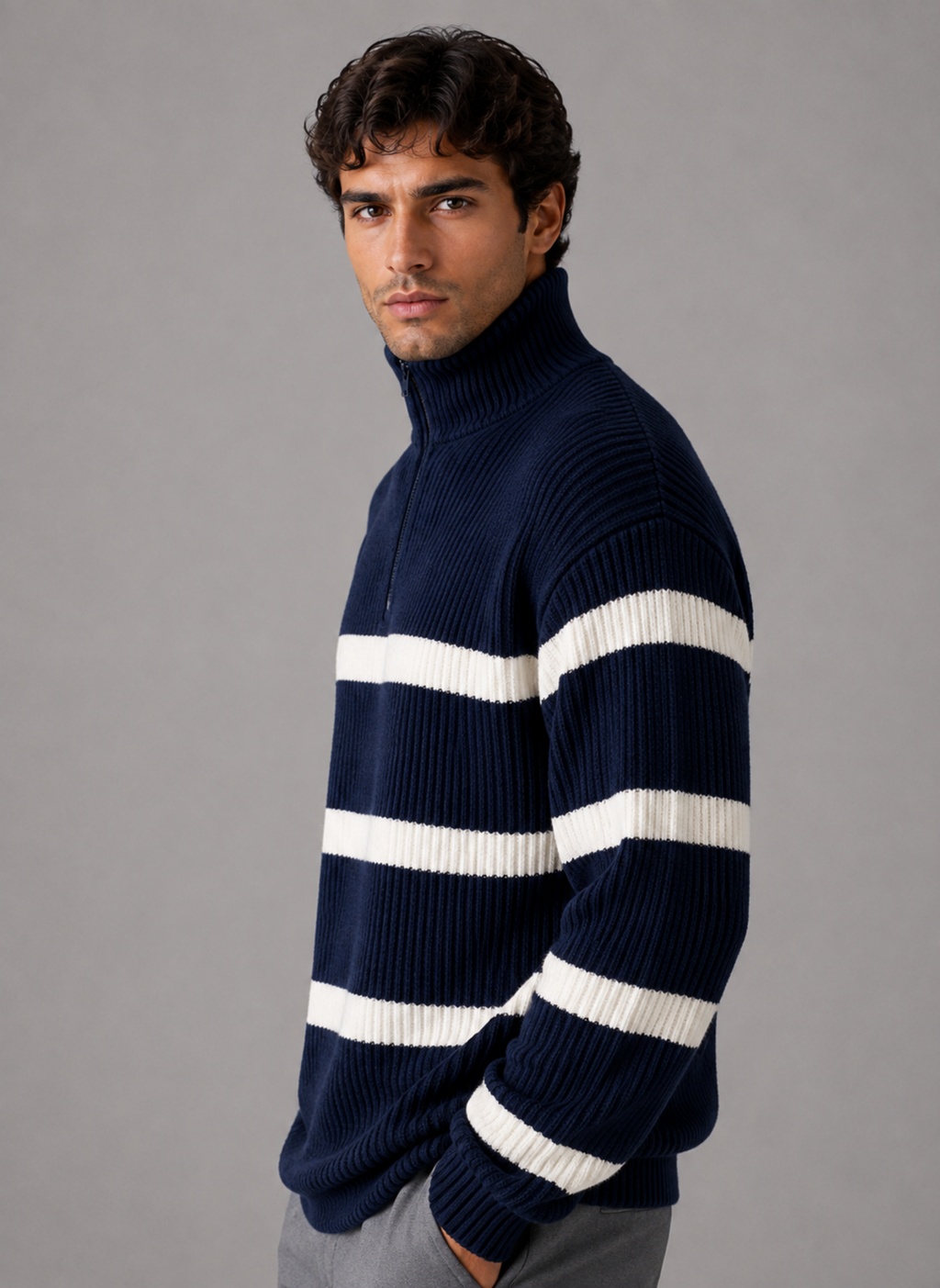 Kacob | Men's Oversized Striped Half Zip Jumper