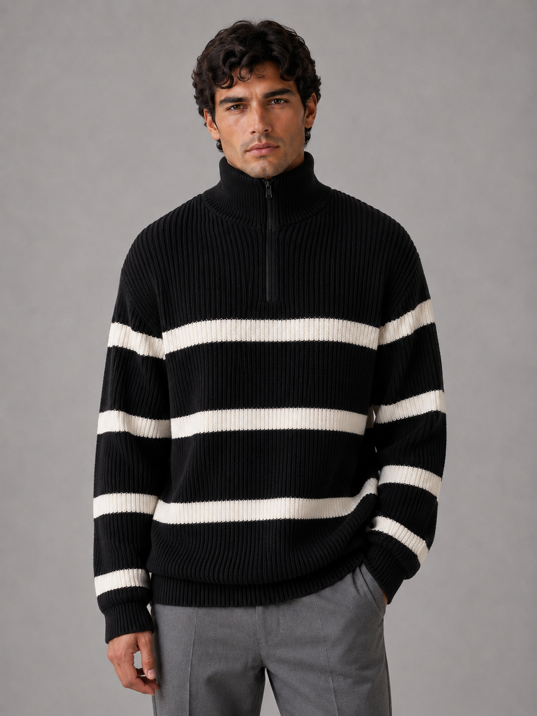 Kacob | Men's Oversized Striped Half Zip Jumper