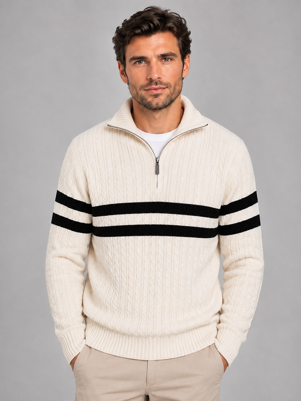 Kacob | Men's Striped Cable Knit Half-Zip Jumper