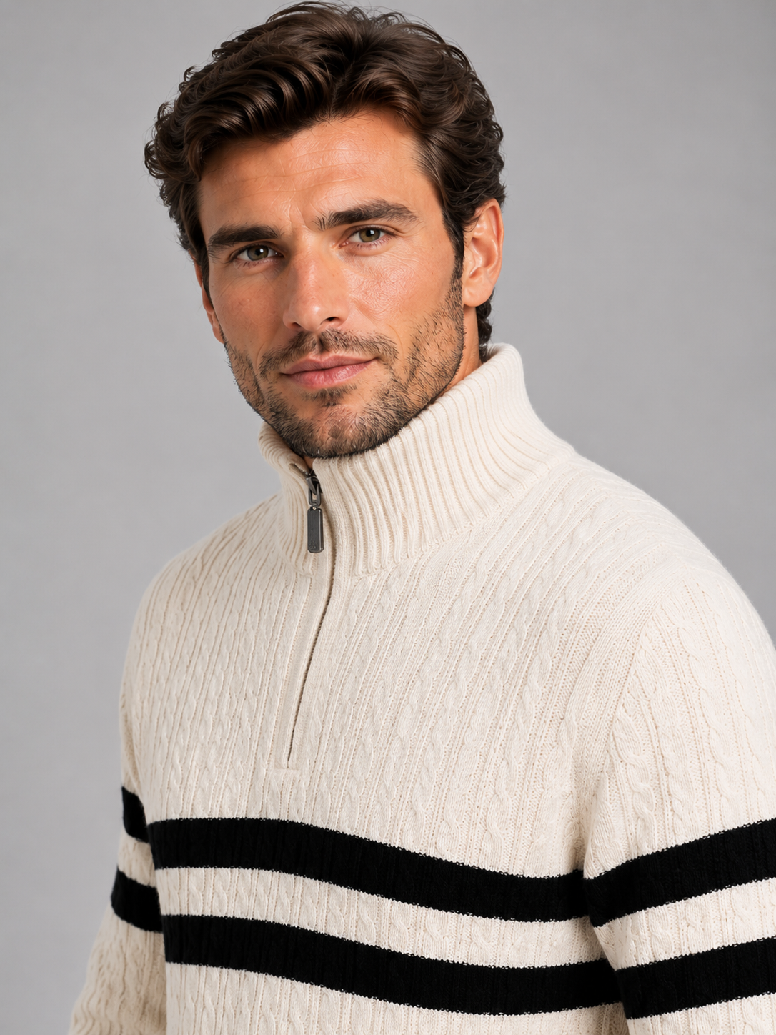 Kacob | Men's Striped Cable Knit Half-Zip Jumper