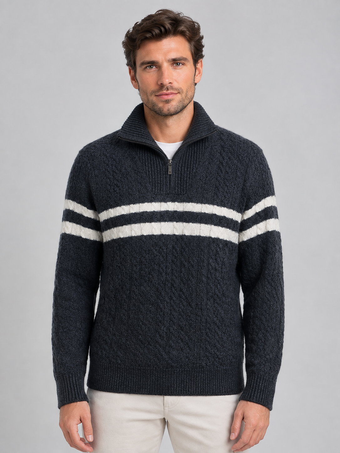 Kacob | Men's Striped Cable Knit Half-Zip Jumper