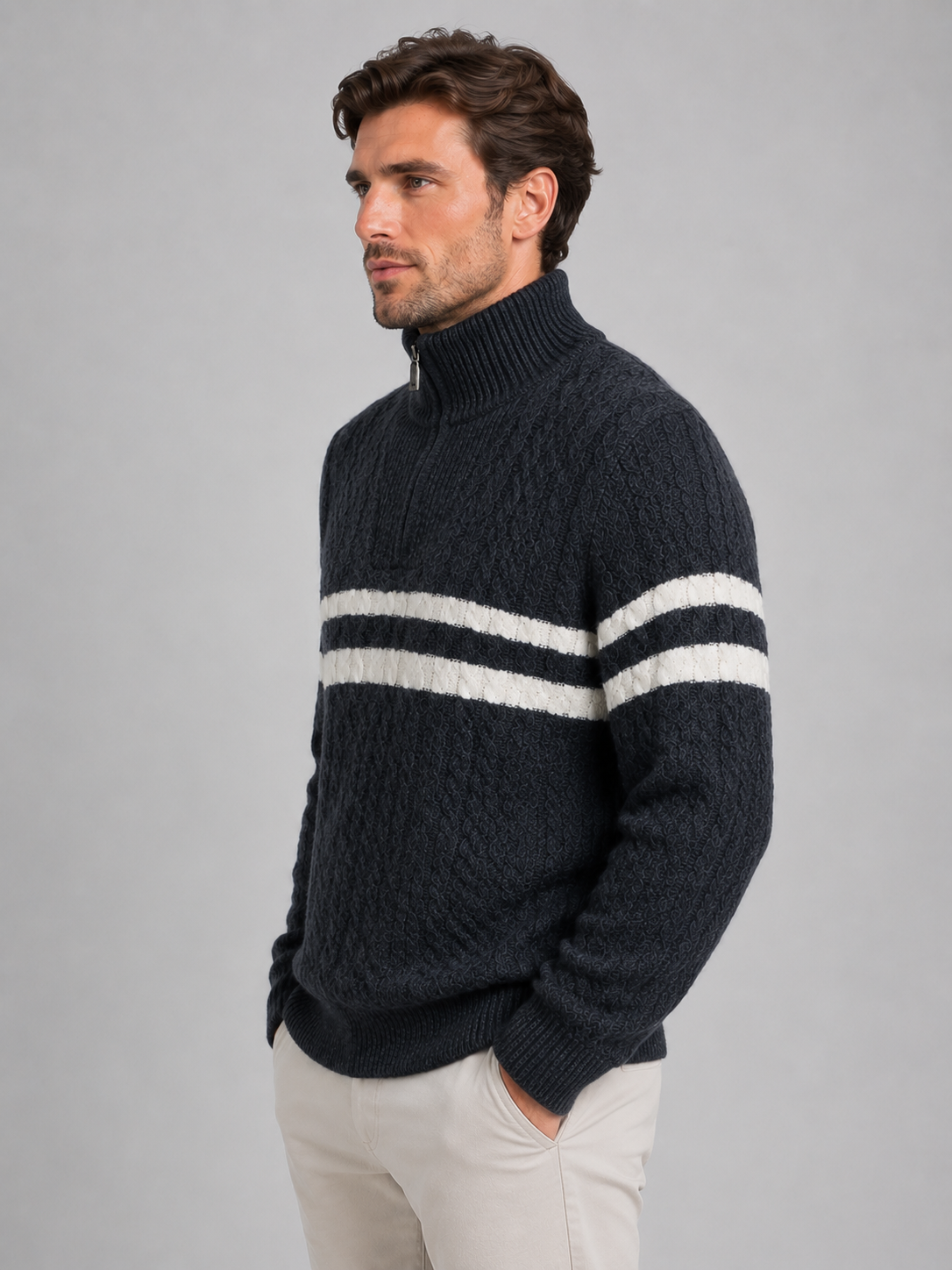 Kacob | Men's Striped Cable Knit Half-Zip Jumper