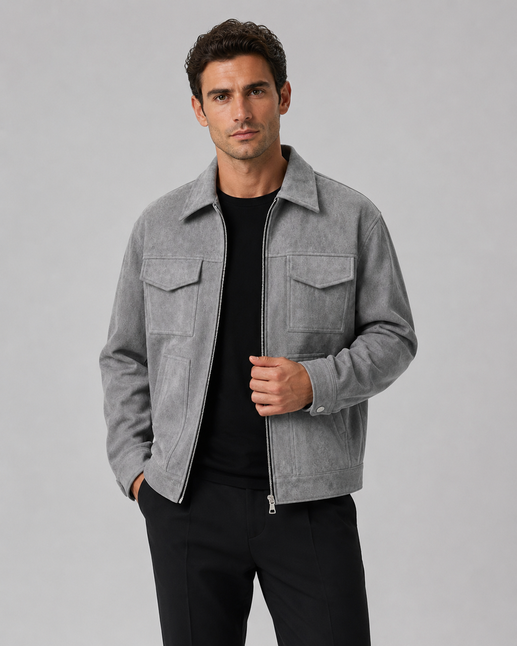 Kacob | Men's Suede-Look Utility Zip Jacket
