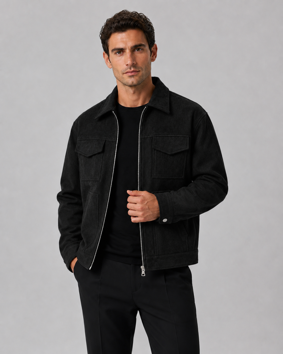 Kacob | Men's Suede-Look Utility Zip Jacket