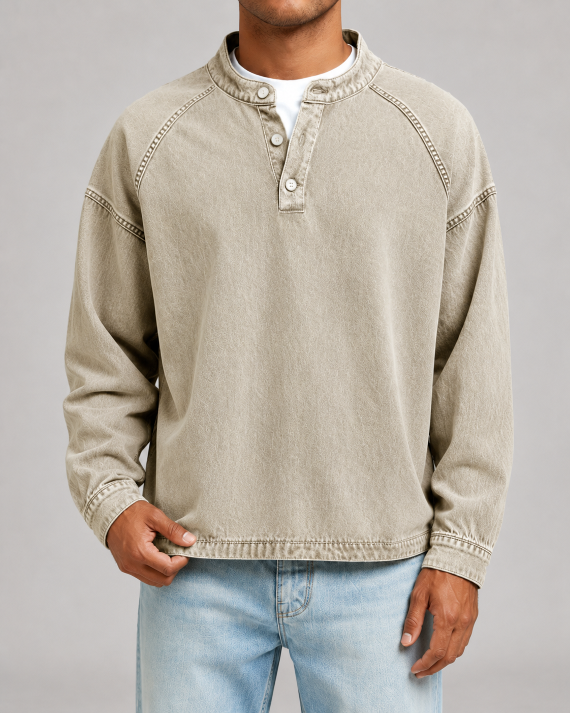 Kacob | Men's Washed Henley Button Placket Sweatshirt