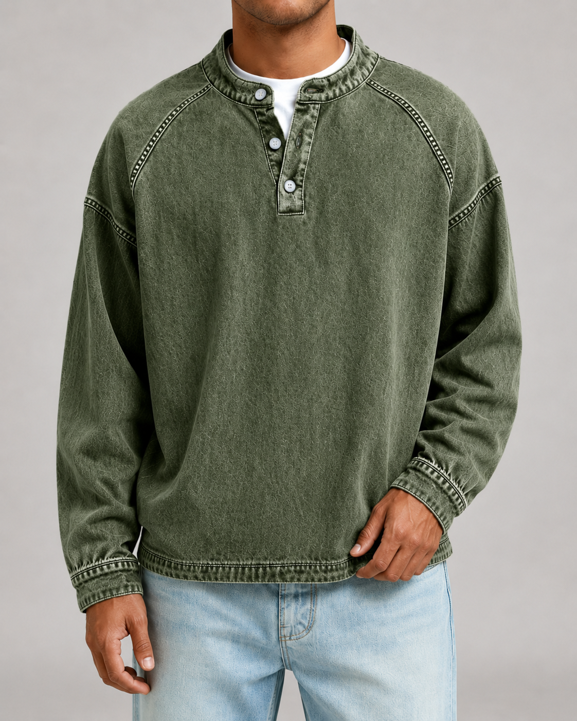 Kacob | Men's Washed Henley Button Placket Sweatshirt