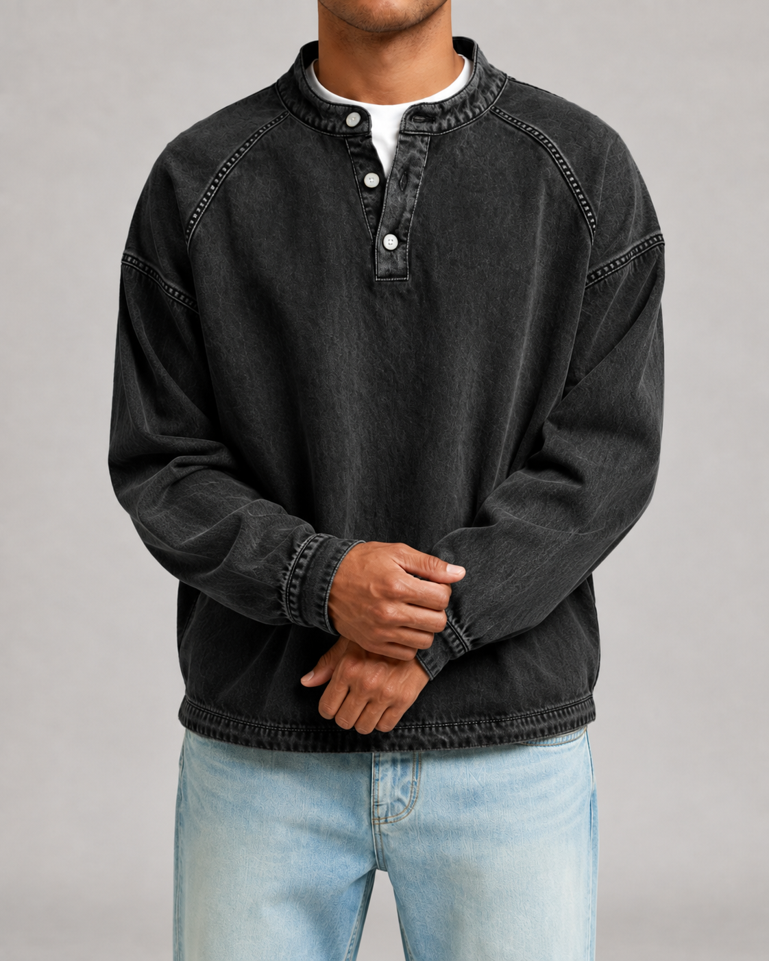 Kacob | Men's Washed Henley Button Placket Sweatshirt