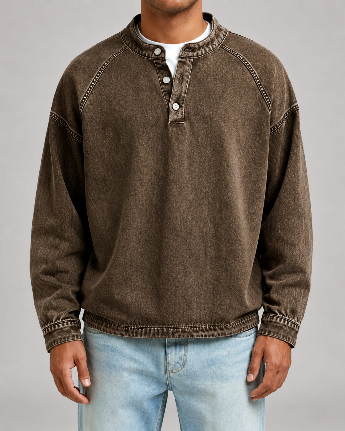 Kacob | Men's Washed Henley Button Placket Sweatshirt