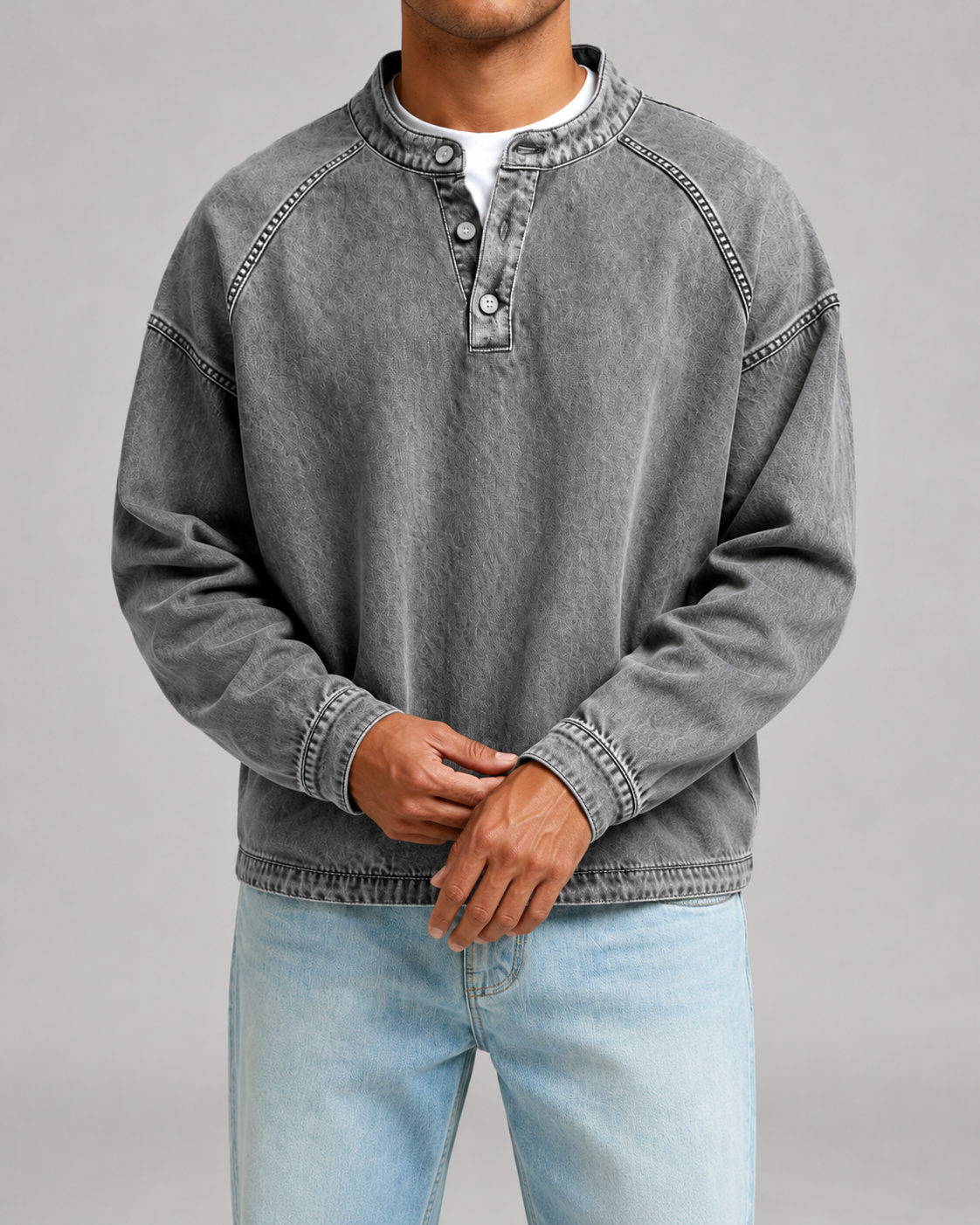 Kacob | Men's Washed Henley Button Placket Sweatshirt