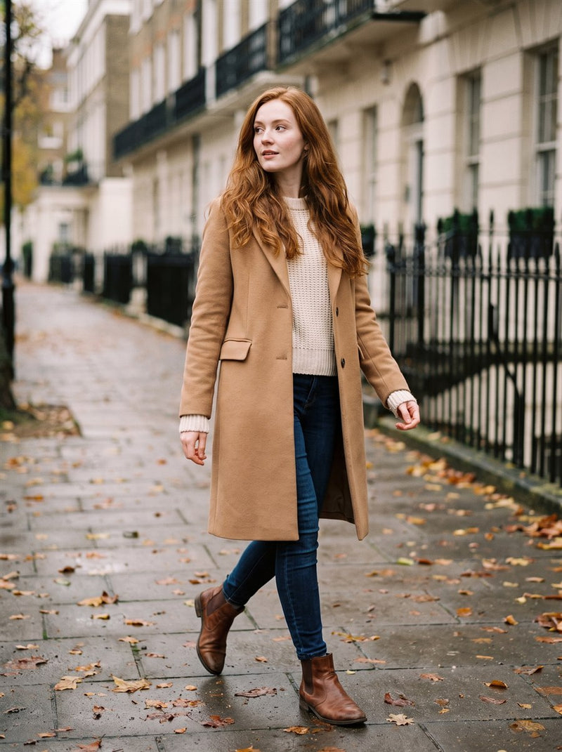 Customer in a camel wool coat on a London street in autumn
