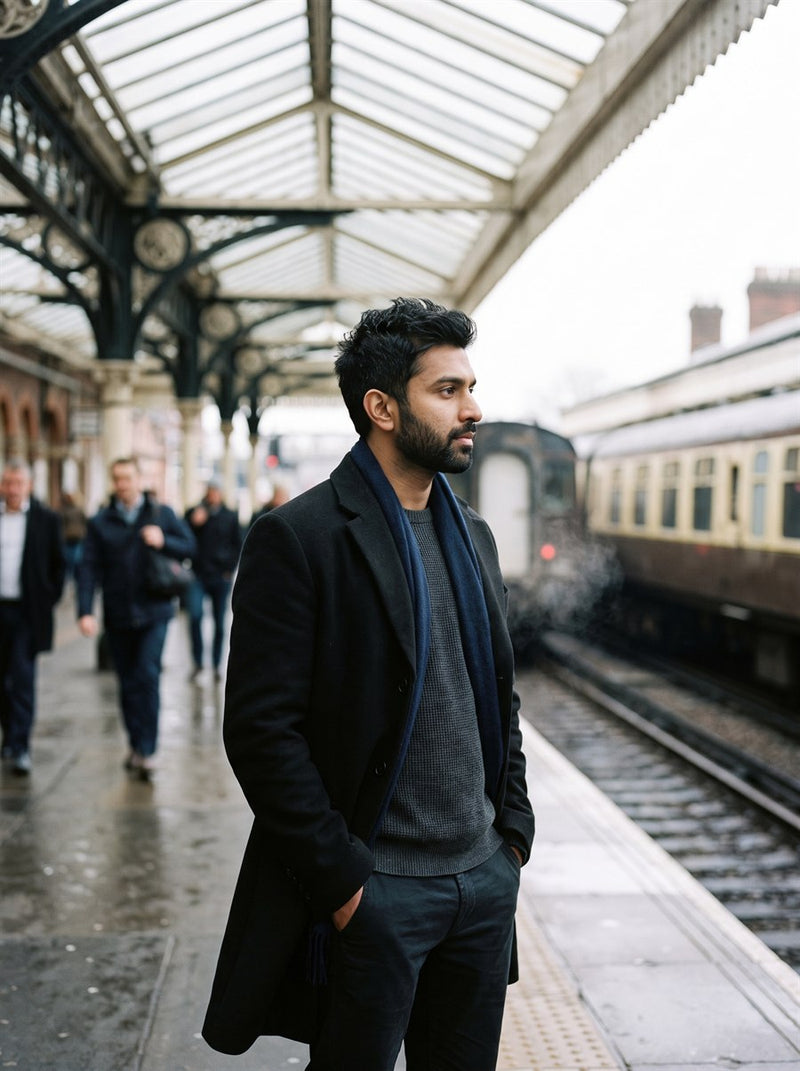 Customer in a black wool overcoat at a railway station