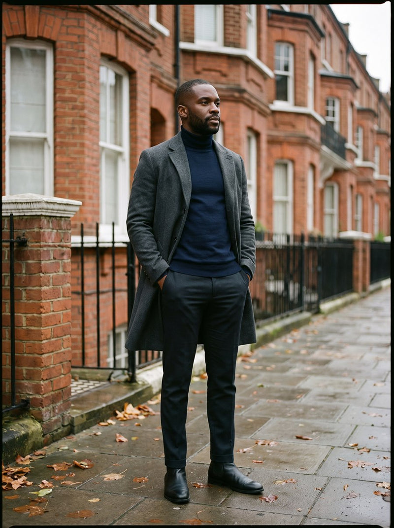 Customer in a grey overcoat and navy roll-neck in London