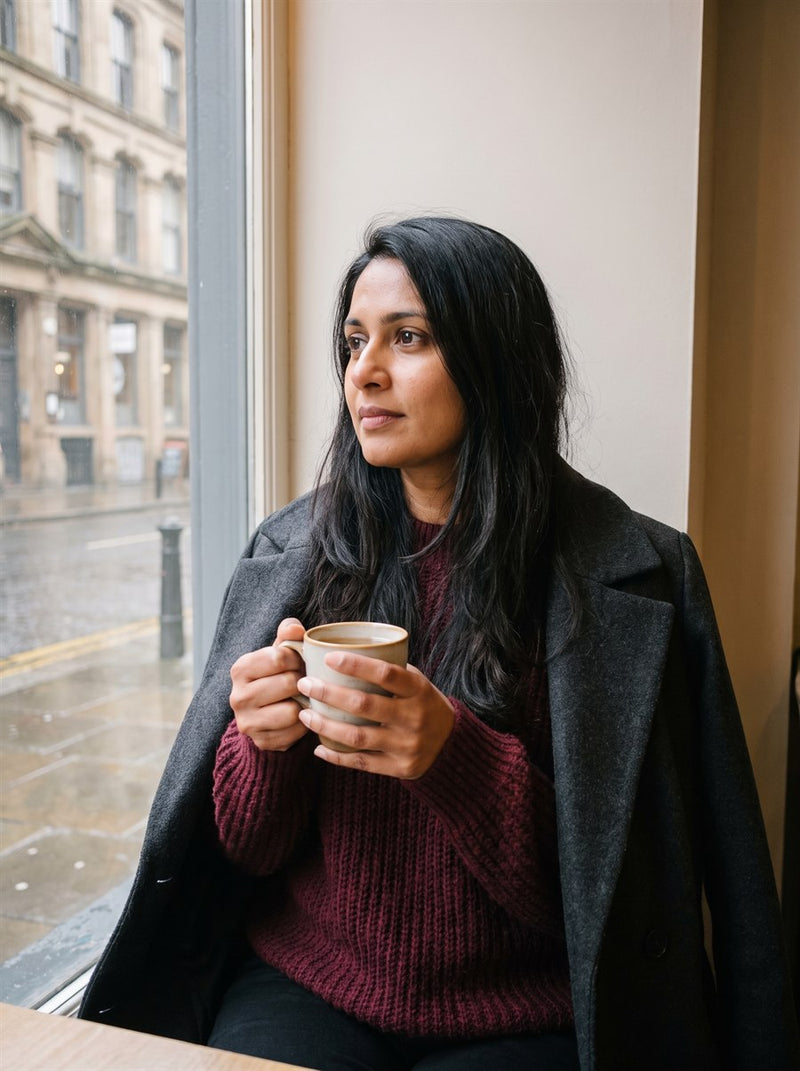 Customer in a burgundy knitted jumper in a cafe