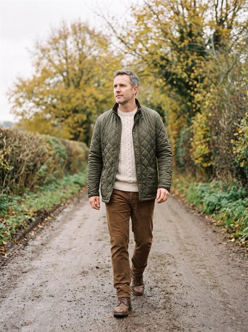 Customer in a quilted jacket on a country lane in autumn