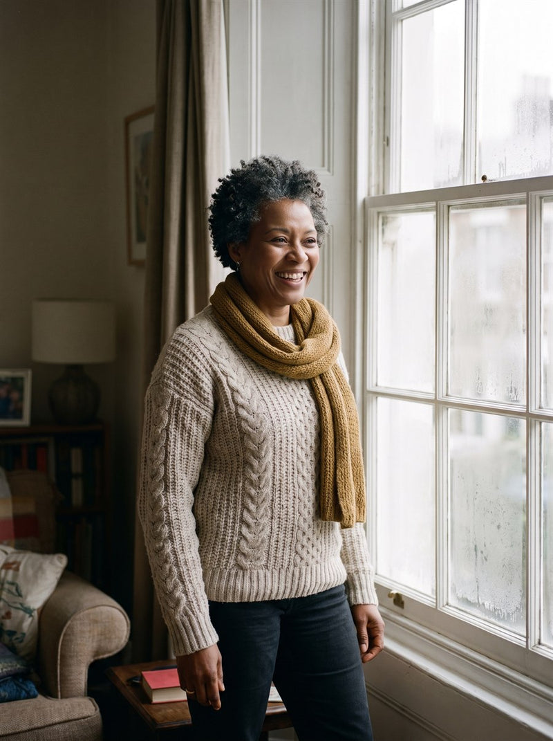 Customer in a cream cable-knit jumper by a window