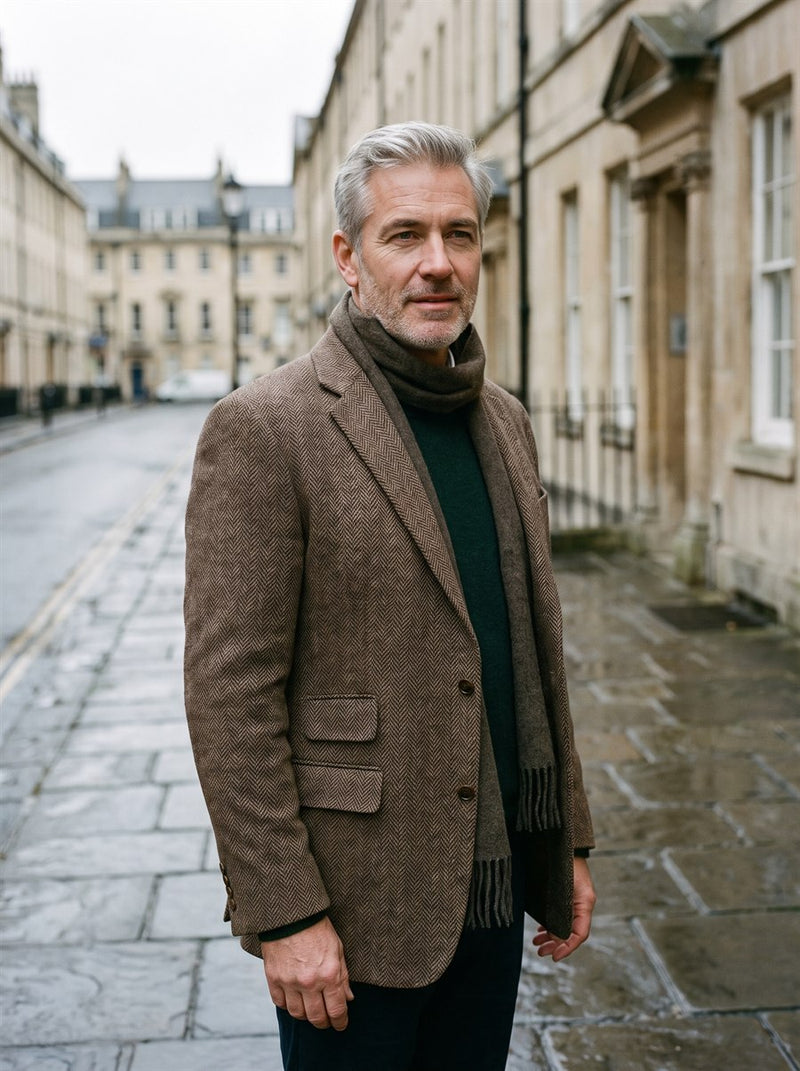Customer in a tweed jacket and scarf on a Bath street