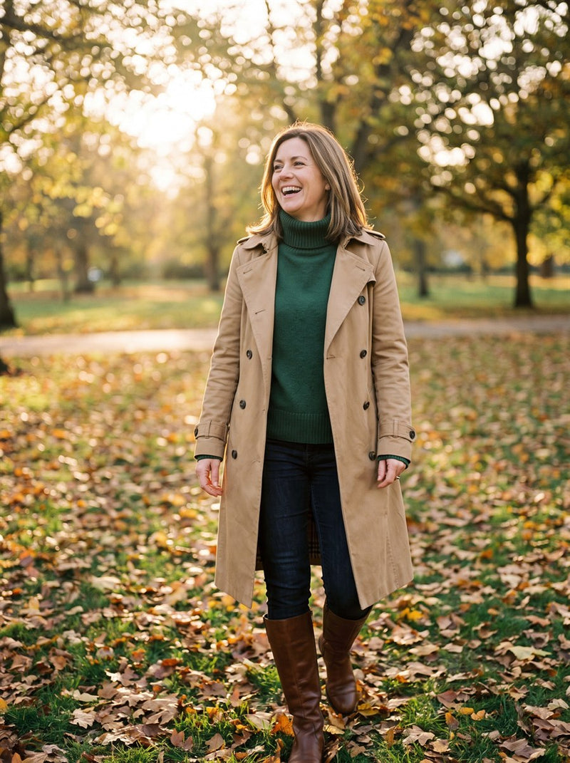 Customer in a tan trench coat in an autumn park