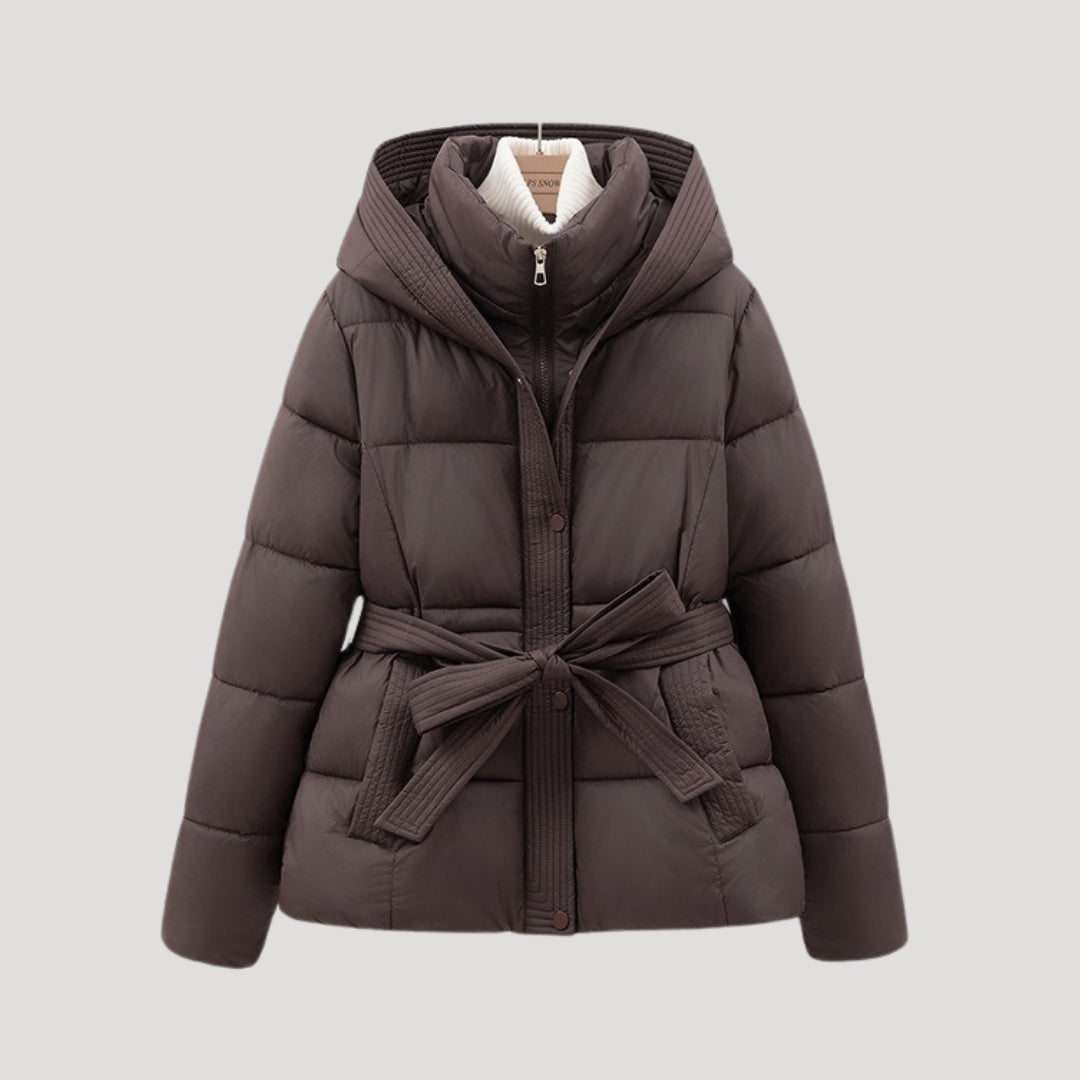 Women's Belted Hooded Puffer Jacket with Layered Collar