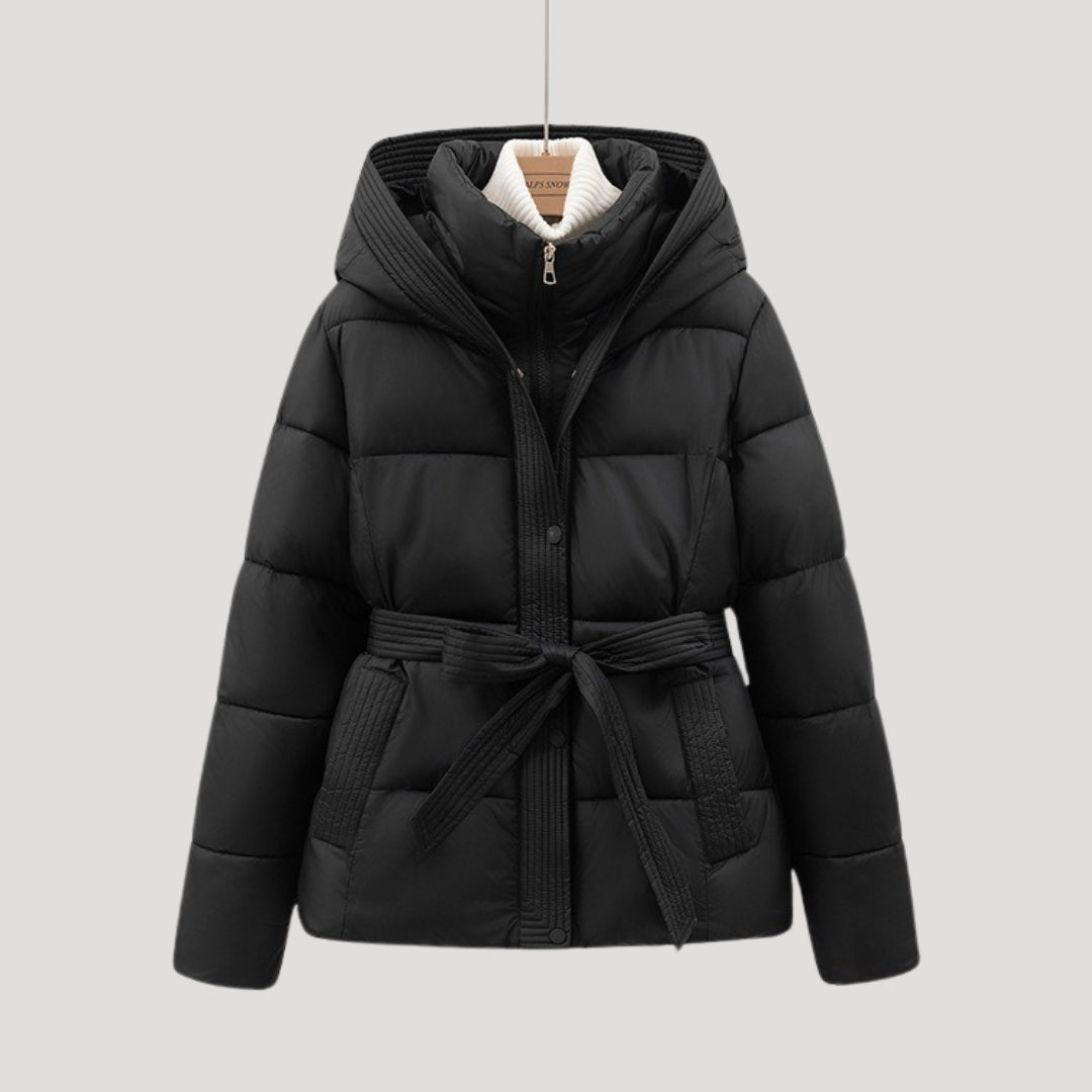 Women's Belted Hooded Puffer Jacket with Layered Collar