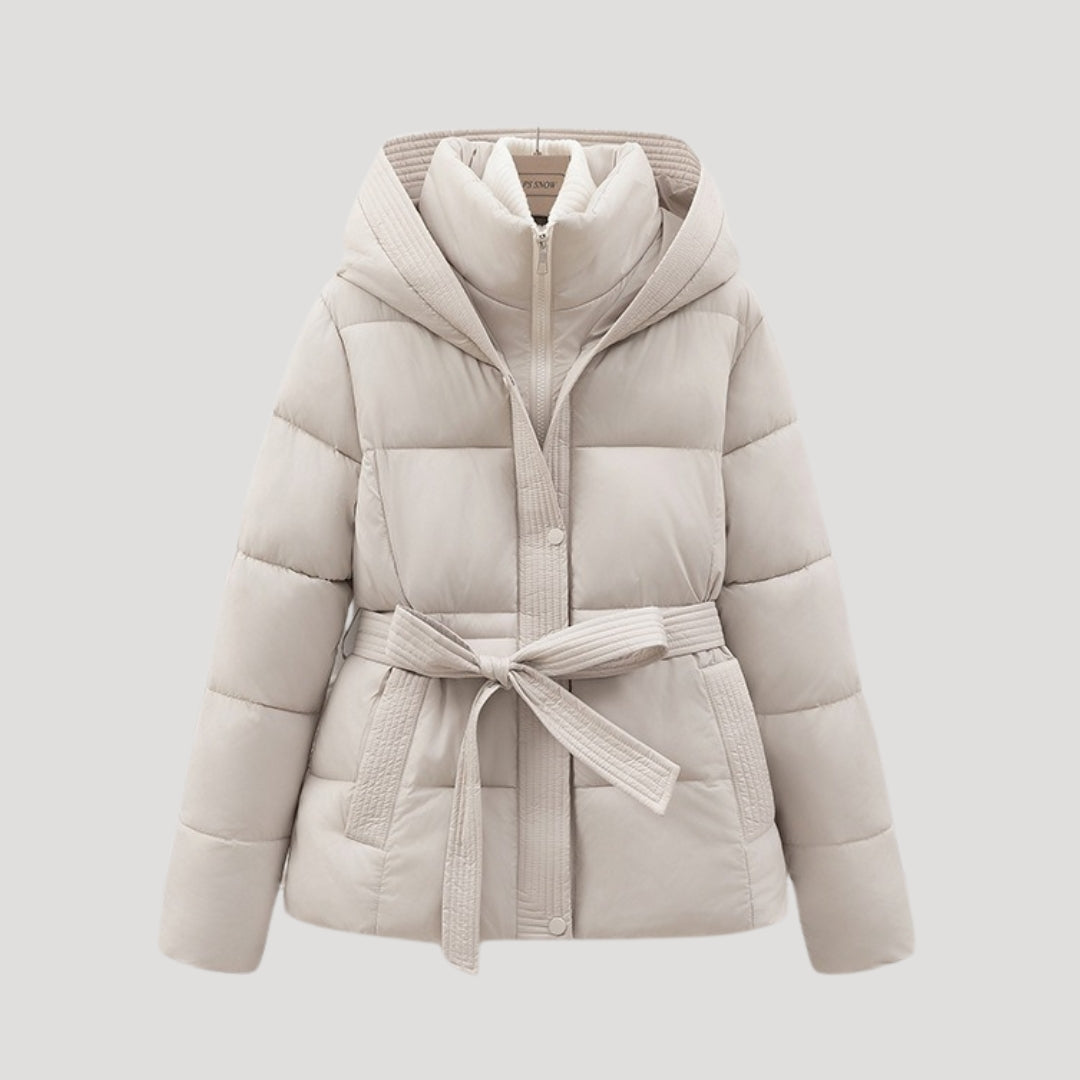 Women's Belted Hooded Puffer Jacket with Layered Collar