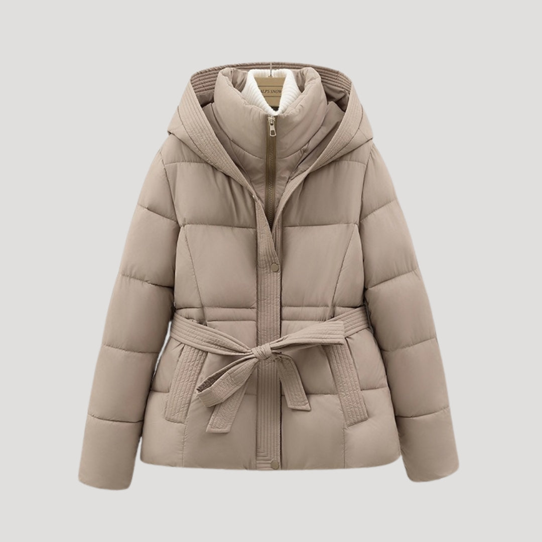 Women's Belted Hooded Puffer Jacket with Layered Collar
