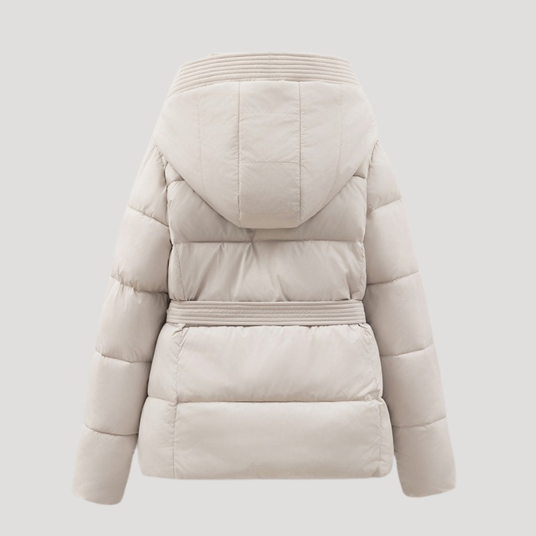 Women's Belted Hooded Puffer Jacket with Layered Collar