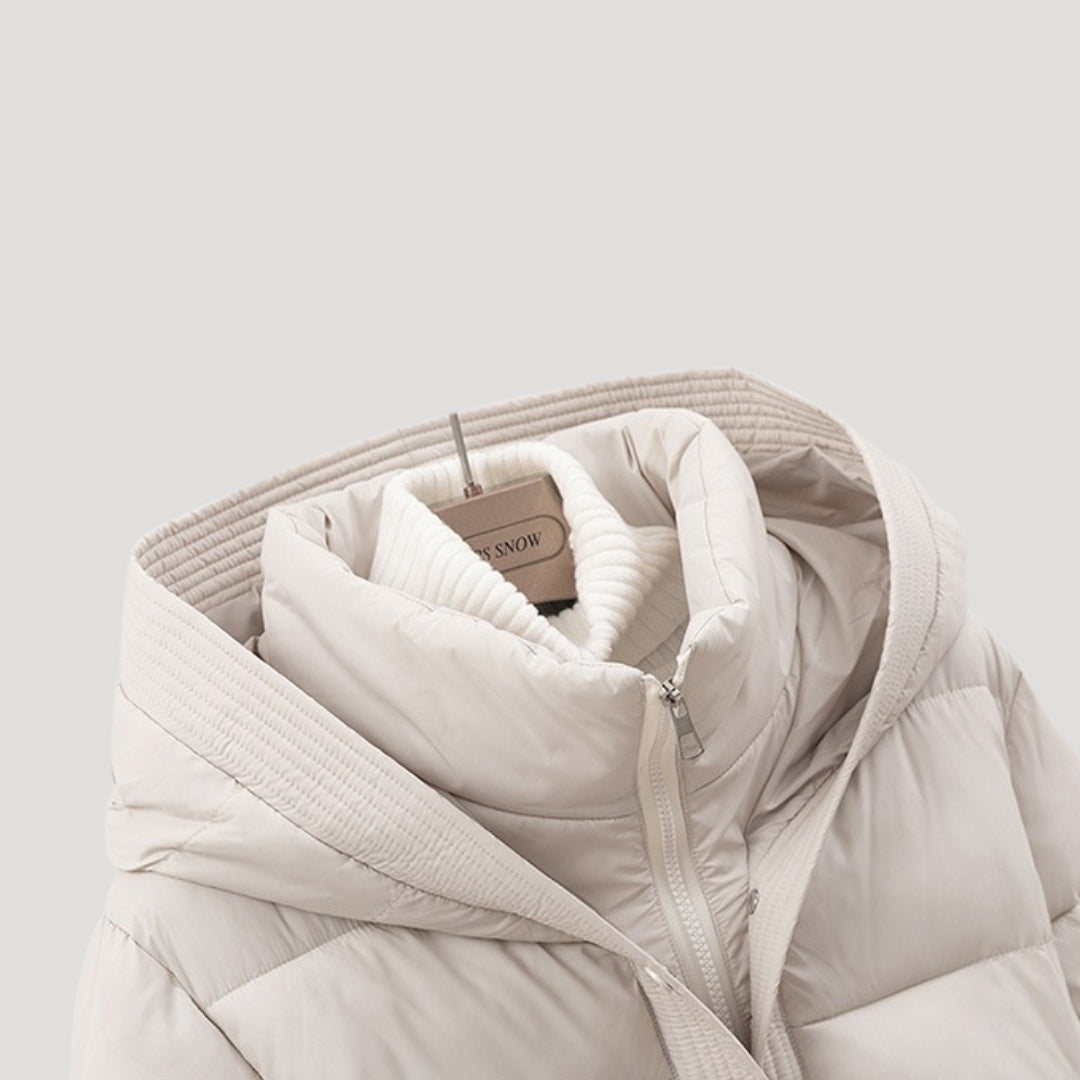Women's Belted Hooded Puffer Jacket with Layered Collar