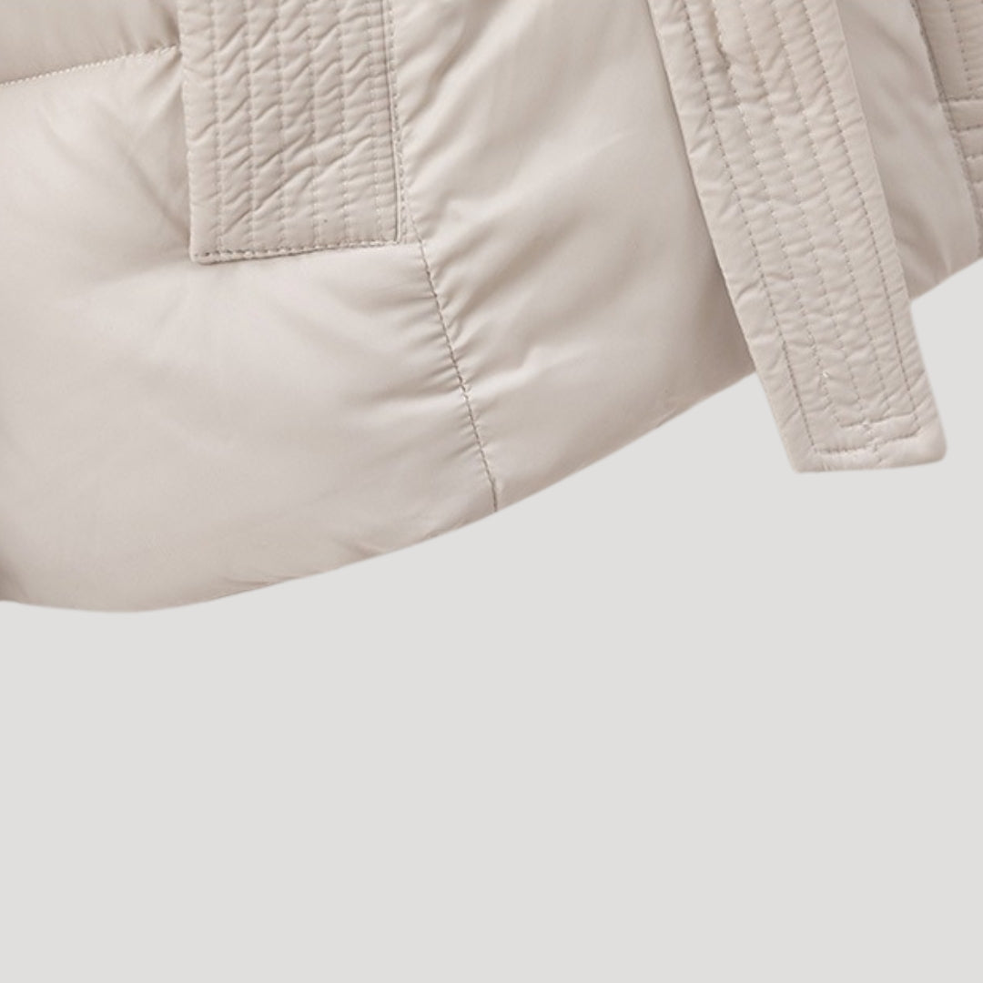 Women's Belted Hooded Puffer Jacket with Layered Collar