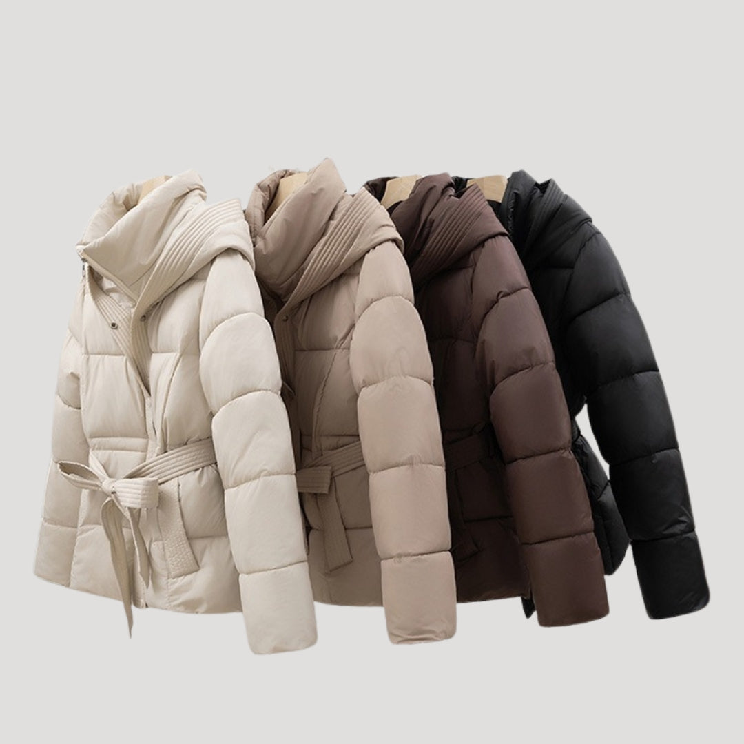Women's Belted Hooded Puffer Jacket with Layered Collar