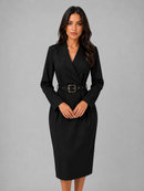 Kacob | Women's Belted V-Neck Tailored Midi Dress