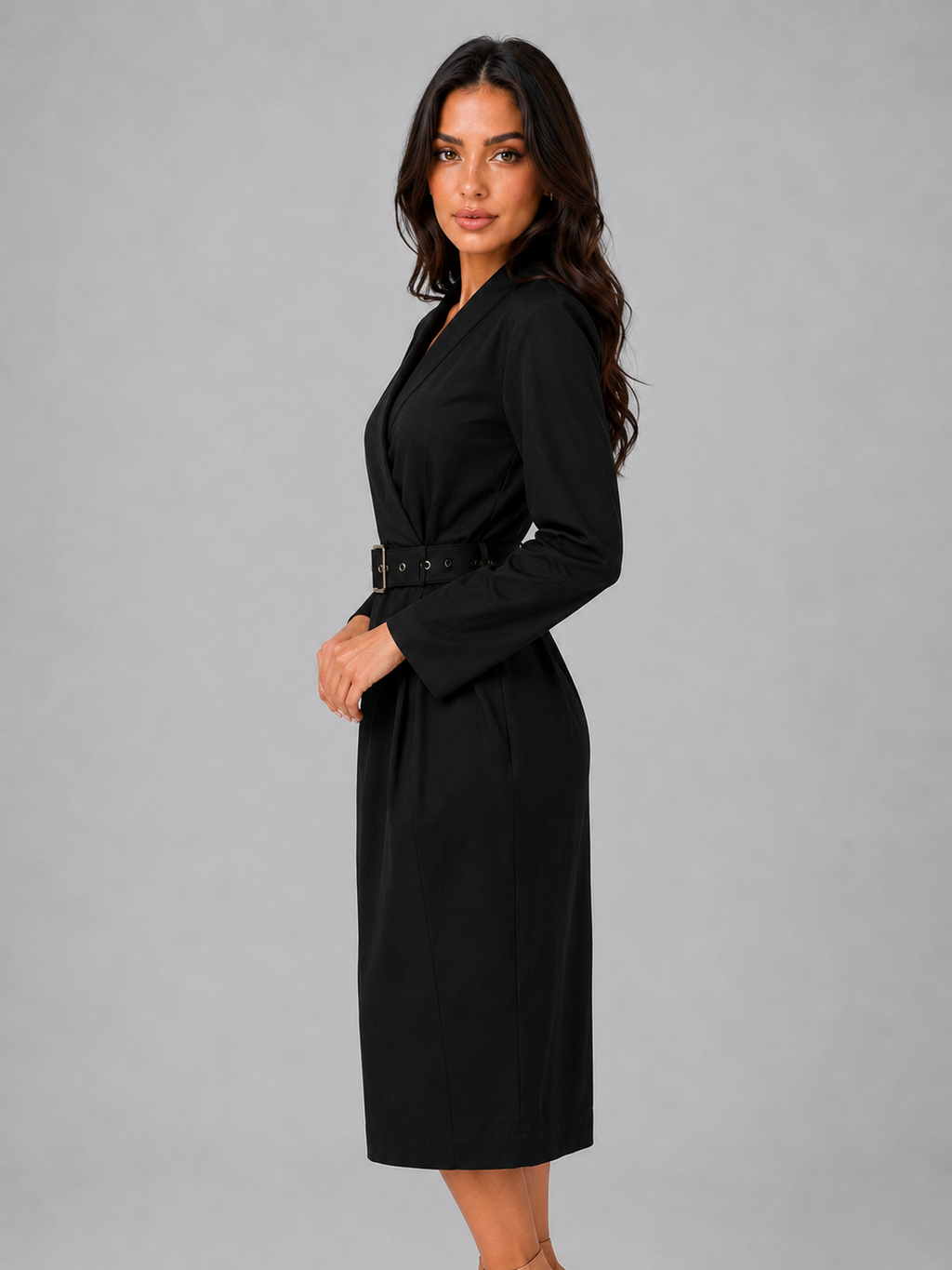 Kacob | Women's Belted V-Neck Tailored Midi Dress