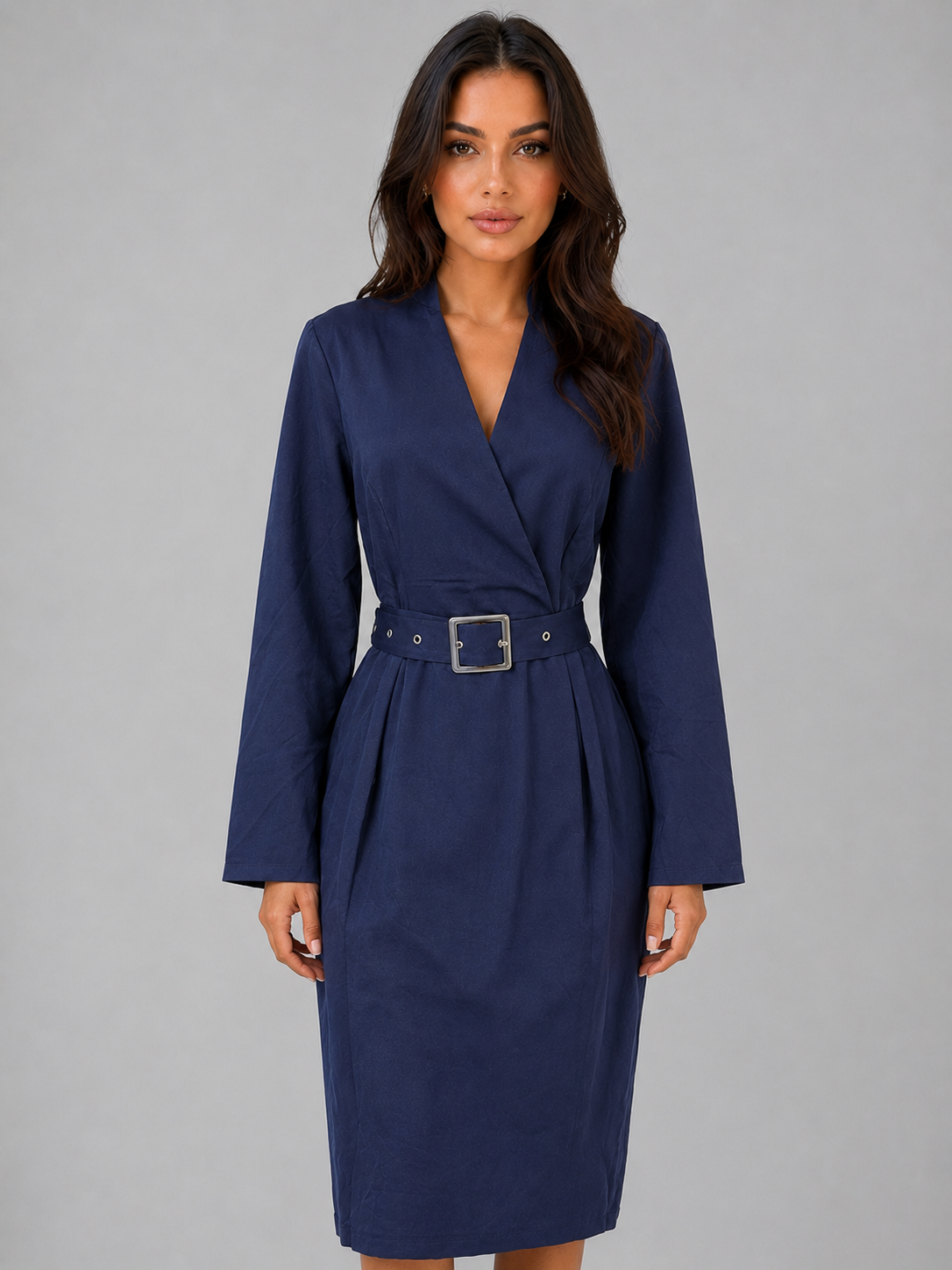 Kacob | Women's Belted V-Neck Tailored Midi Dress