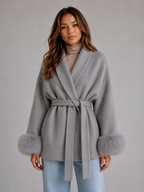 Kacob | Women's Belted Wool-Blend Faux Fur Trim Wrap Coat