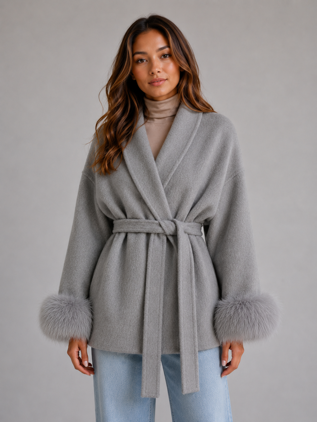 Kacob | Women's Belted Wool-Blend Faux Fur Trim Wrap Coat