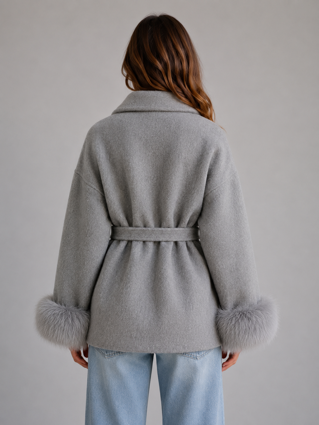 Kacob | Women's Belted Wool-Blend Faux Fur Trim Wrap Coat