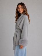 Kacob | Women's Belted Wool-Blend Faux Fur Trim Wrap Coat