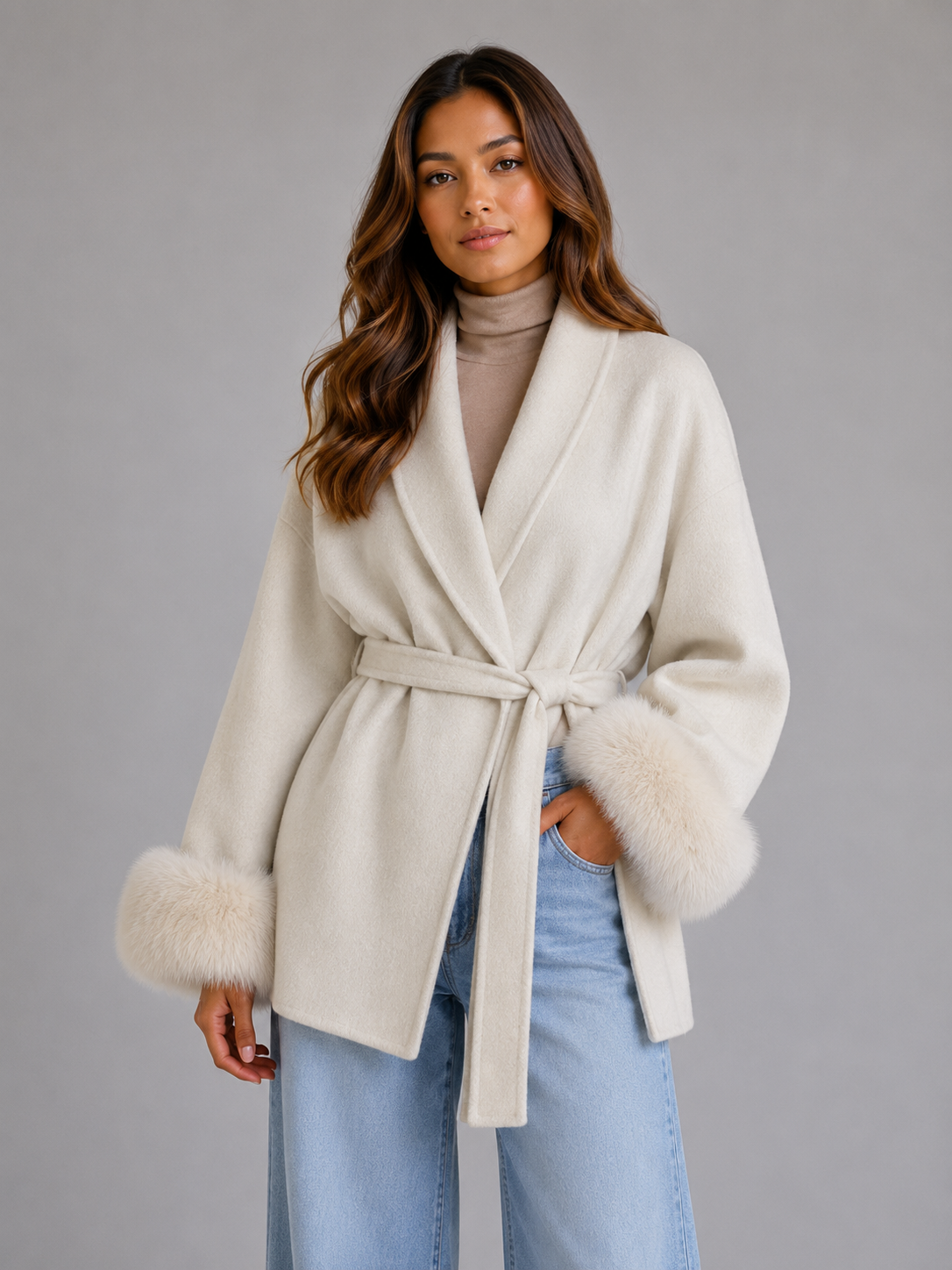 Kacob | Women's Belted Wool-Blend Faux Fur Trim Wrap Coat
