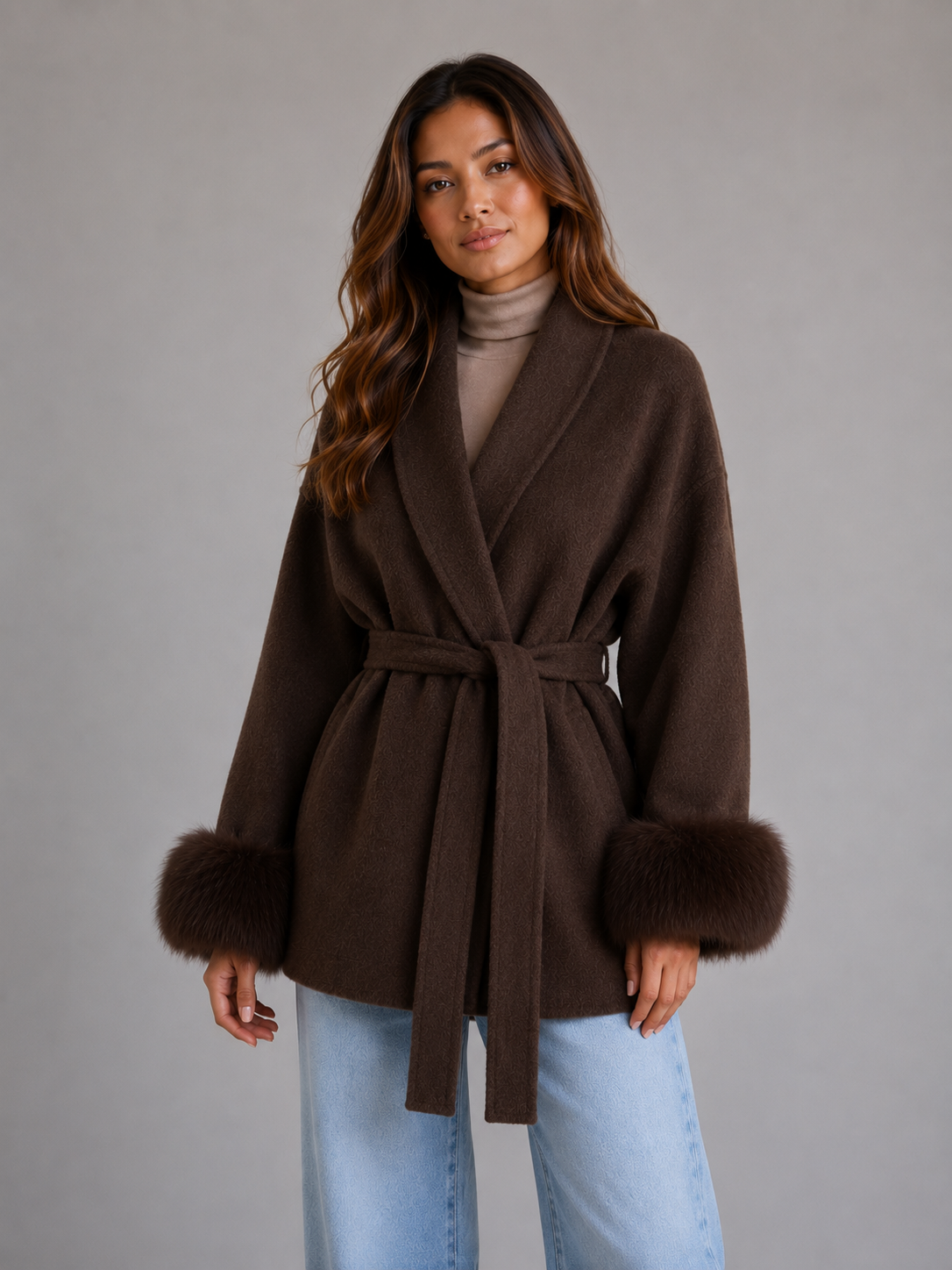 Kacob | Women's Belted Wool-Blend Faux Fur Trim Wrap Coat