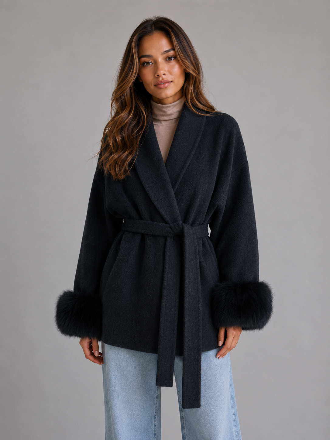 Kacob | Women's Belted Wool-Blend Faux Fur Trim Wrap Coat