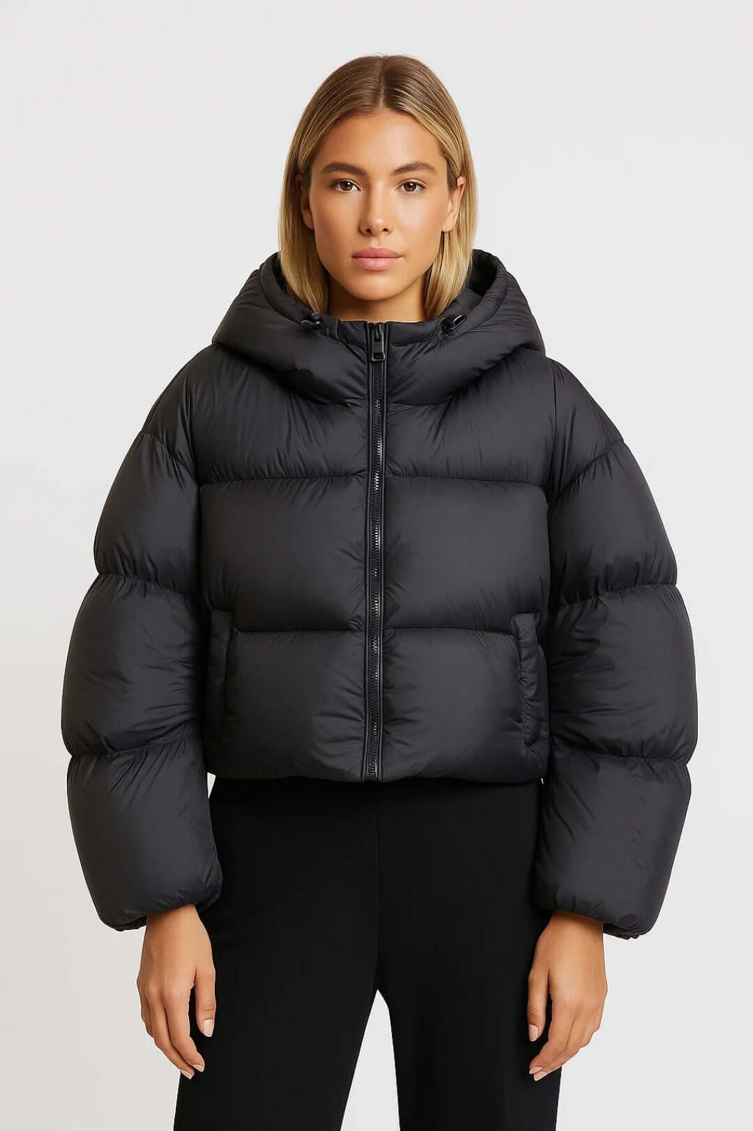 Women's Black Cropped Hooded Puffer Jacket